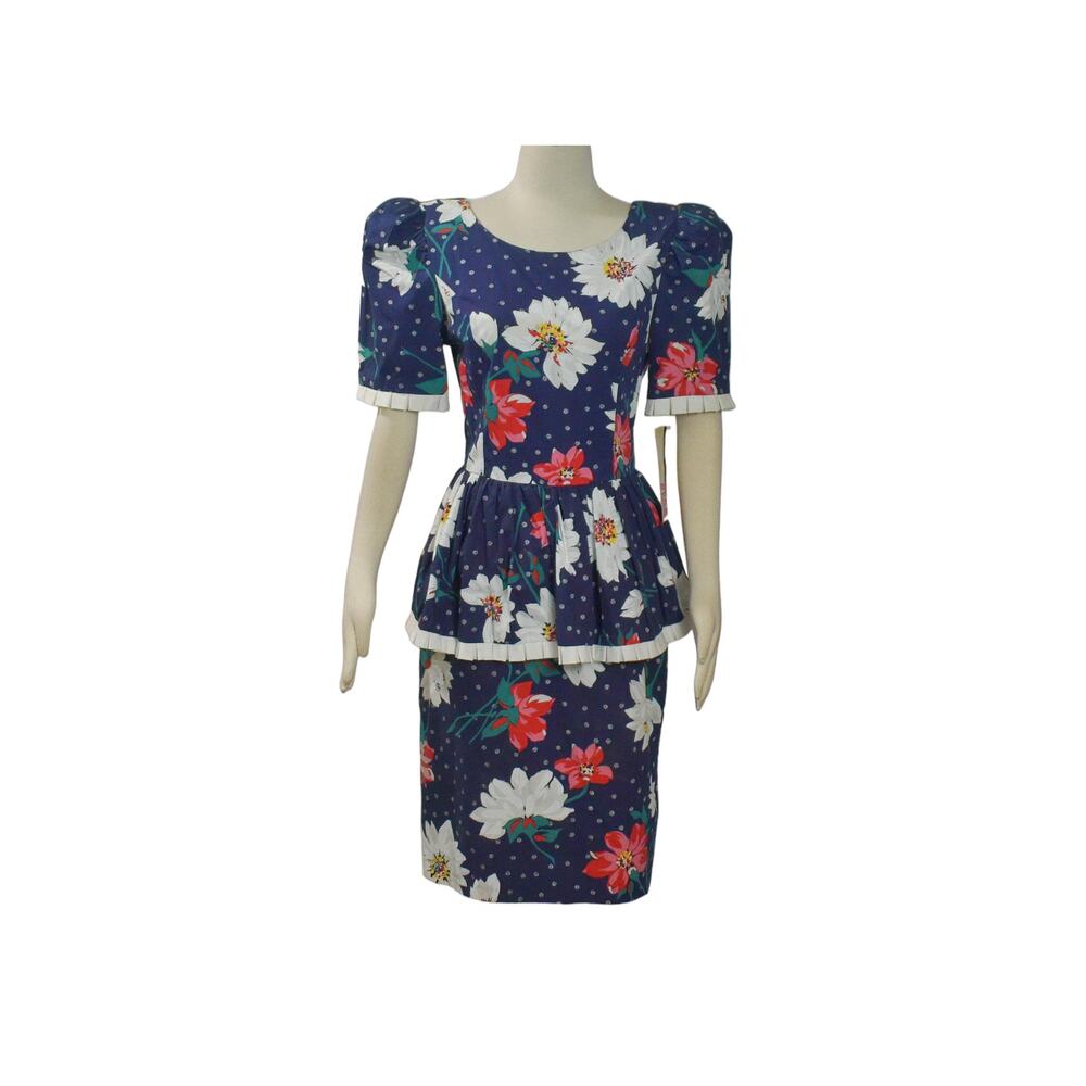 1980s Floral Print Cotton Blend Dress: Navy Peplum Secretary Style - Size 11/12